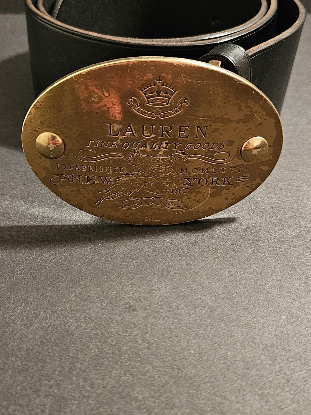 Ralph Lauren Black Leather Belt with Brass Oval Buckle